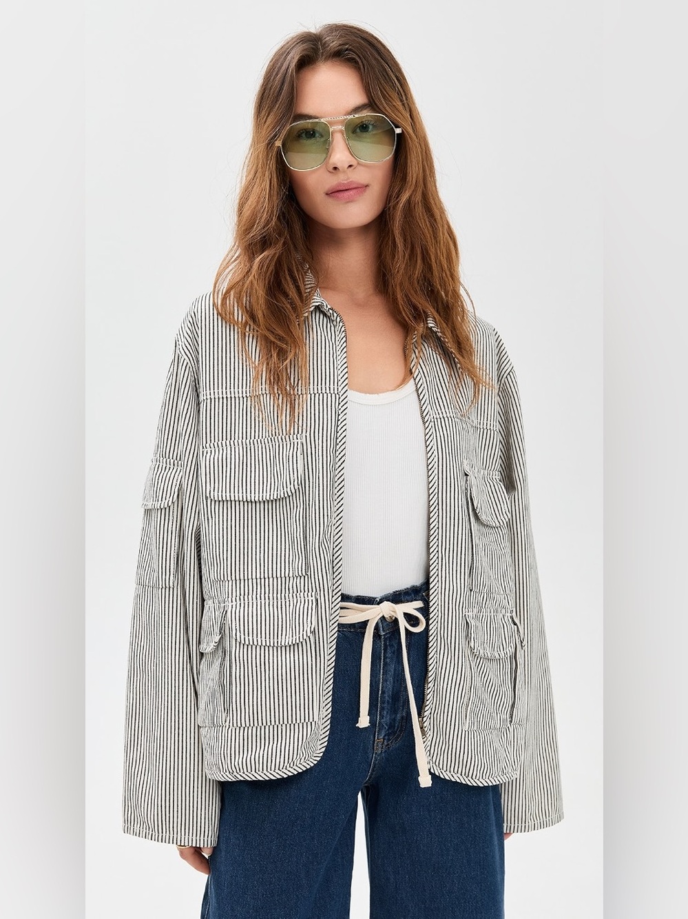 NWT LIONESS Renacida Jacket Porcelain Stripe Cotton Chore Utility Coat Size XXS